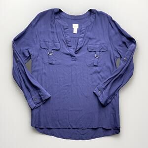 Chico's Slinky Blouse Womens Size 2 Blue Buckle Pocket V-Neck Roll Tab Sleeve